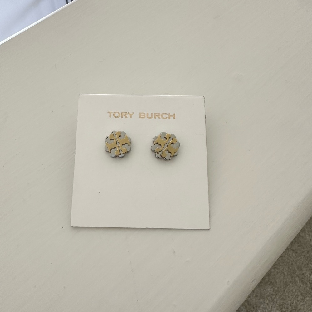 Tory Burch Two-Tone Logo Flower Stud Earrings